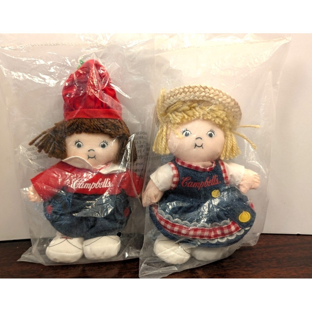 Vintage Campbells Soup Kids Girl Rag Dolls Pair Advertising Plush NOS Bagged